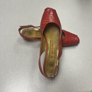Vintage Bruno Magli Red Moc Croc 8.5 AAAA Low Heel Peep Toe Womens Shoe Sandals